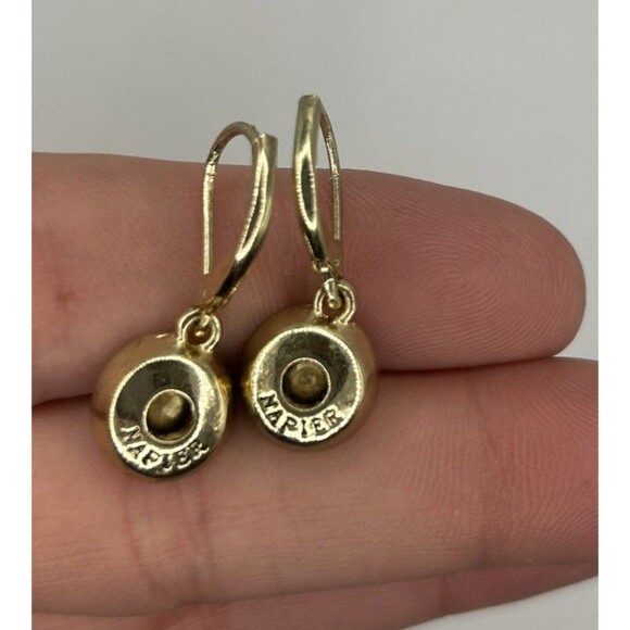 Napier Vintage Pierced Earrings Leverbacks Faux Garnet Gold Tone Round Dangle - Picture 6 of 6